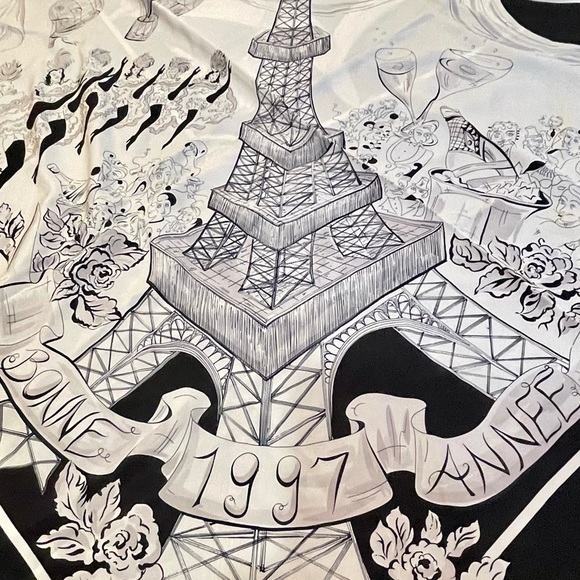 Dana Buchman Vintage 1997 Paris Square Scarf | Bonne Annee |Silk | Blk/Wht/Gray - Picture 2 of 7